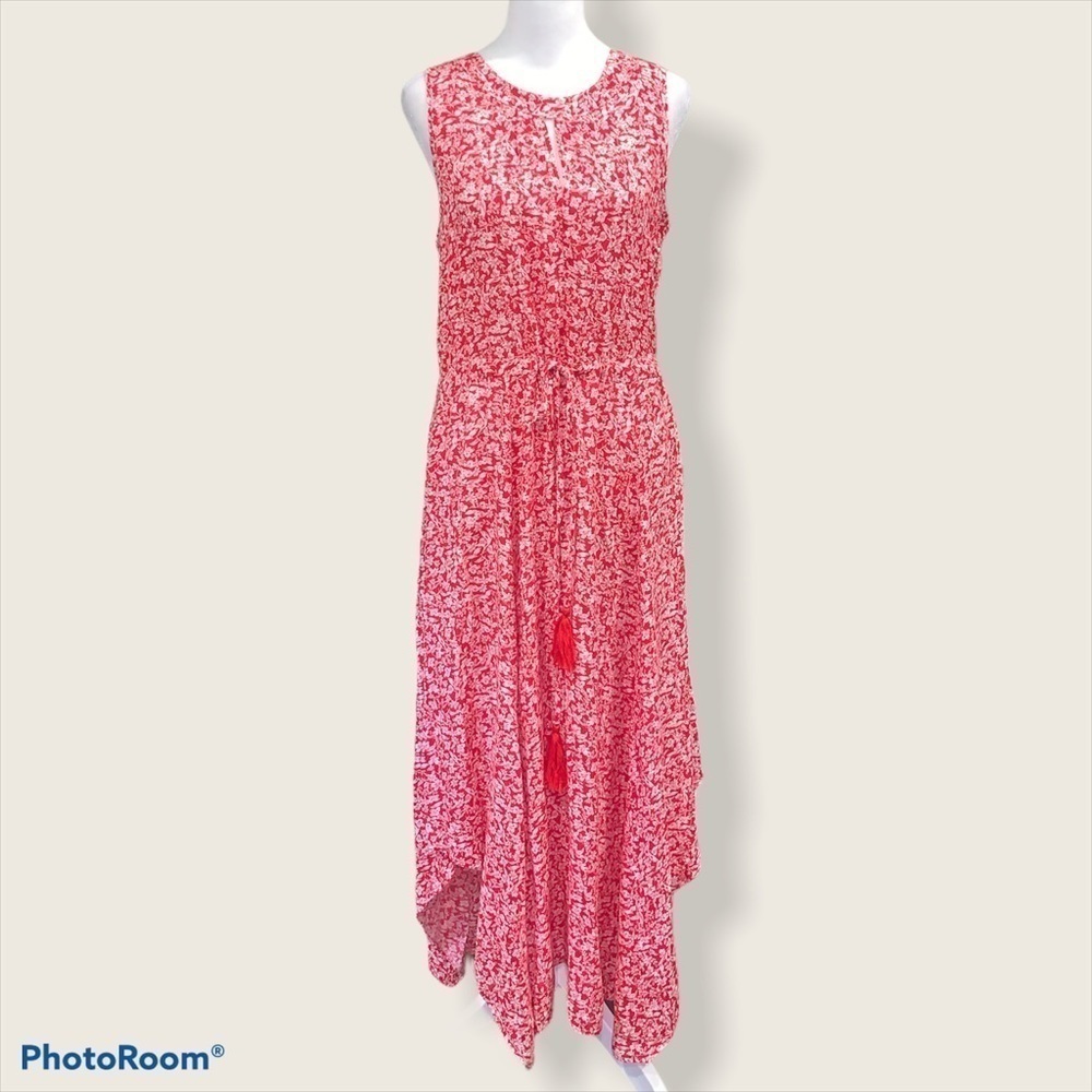 Apricot Red White Floral Handkerchief Hem Midi Dress Sleeveless Tassel Waist S